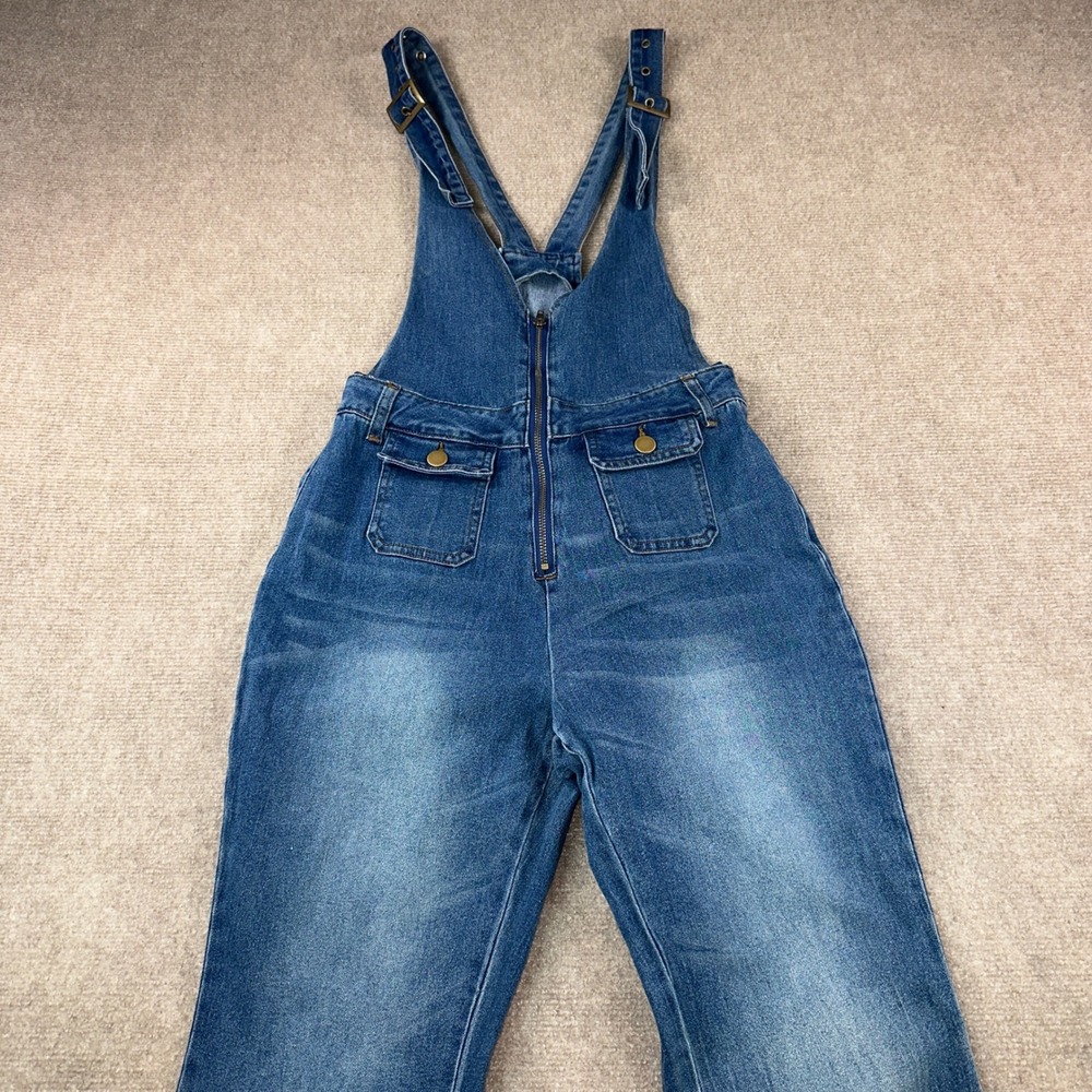 Allegra K Blue Denim Flare Leg Zip Front Overalls Medium Wash Small NWT